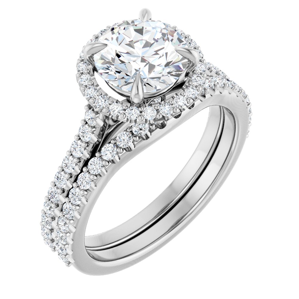 14K Gold Round Cut Halo Diamond Engagement Ring with Hidden Bezel and Matching Pavé Band