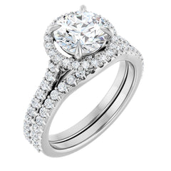 14K Gold Round Cut Halo Diamond Engagement Ring with Hidden Bezel and Matching Pavé Band