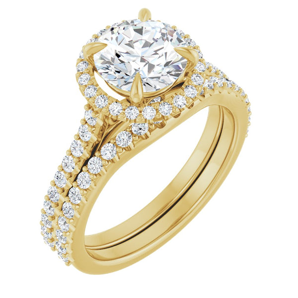 14K Gold Round Cut Halo Diamond Engagement Ring with Hidden Bezel and Matching Pavé Band