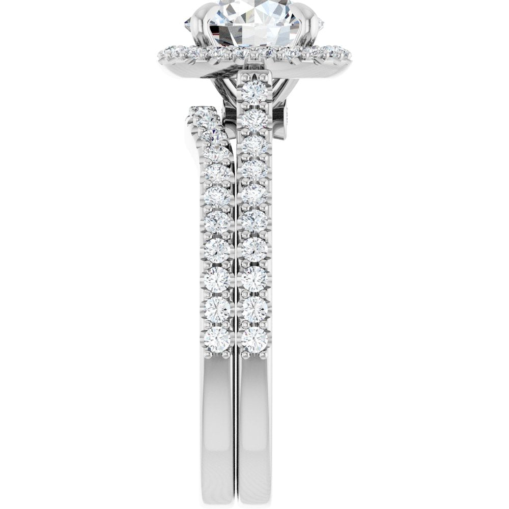 14K Gold Round Cut Halo Diamond Engagement Ring with Hidden Bezel and Matching Pavé Band