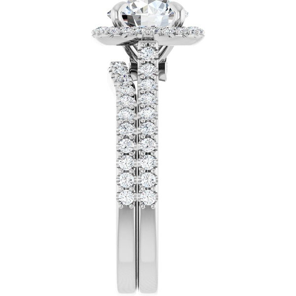 14K Gold Round Cut Halo Diamond Engagement Ring with Hidden Bezel and Matching Pavé Band