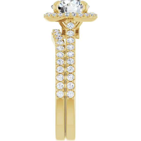 14K Gold Round Cut Halo Diamond Engagement Ring with Hidden Bezel and Matching Pavé Band