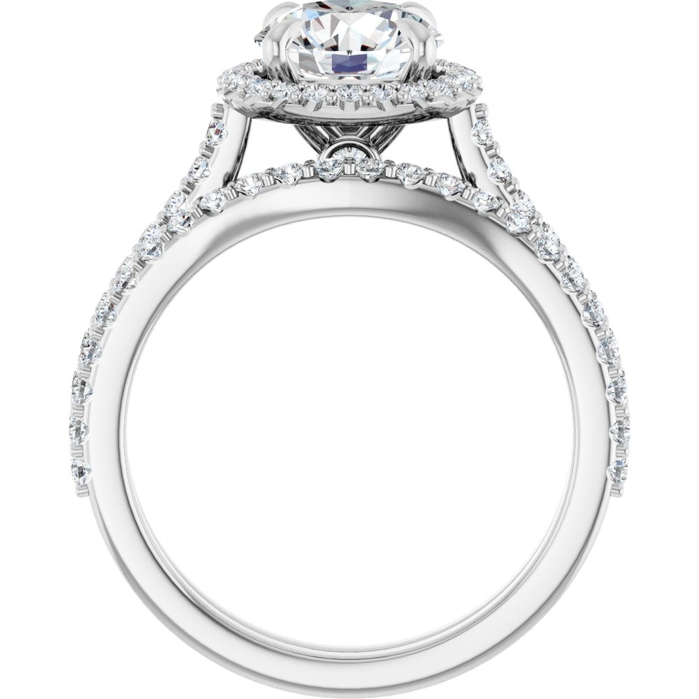 14K Gold Round Cut Halo Diamond Engagement Ring with Hidden Bezel and Matching Pavé Band