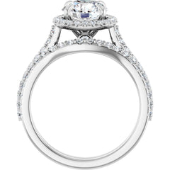 14K Gold Round Cut Halo Diamond Engagement Ring with Hidden Bezel and Matching Pavé Band