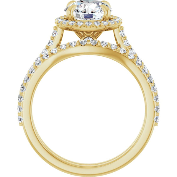 14K Gold Round Cut Halo Diamond Engagement Ring with Hidden Bezel and Matching Pavé Band