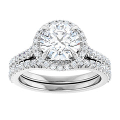 14K Gold Round Cut Halo Diamond Engagement Ring with Hidden Bezel and Matching Pavé Band