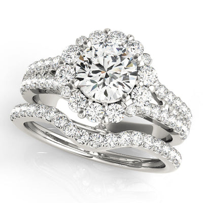 14K Gold Round Cut Halo Flower Diamond Split Shank Pave Engagement Ring with Matching Band
