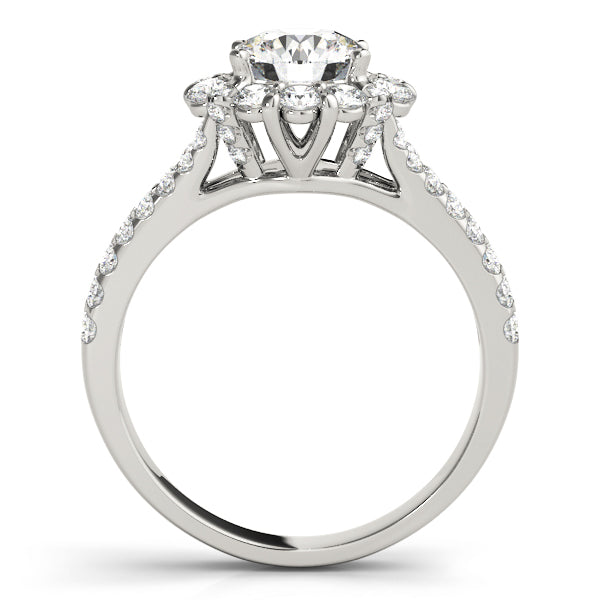 14K Gold Round Cut Halo Flower Diamond Split Shank Pave Engagement Ring with Matching Band