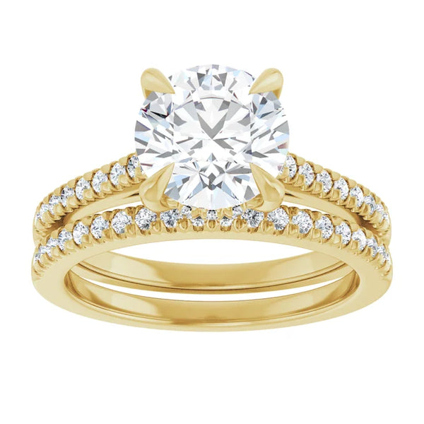 14K Gold Round Cut Solitaire Diamond Hidden Halo Engagement Ring with Matching Pavé Band
