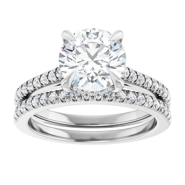 14K Gold Round Cut Solitaire Diamond Hidden Halo Engagement Ring with Matching Pavé Band