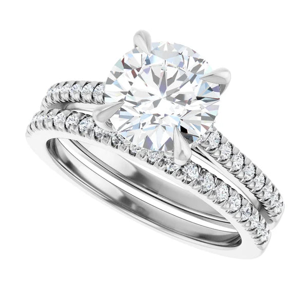 14K Gold Round Cut Solitaire Diamond Hidden Halo Engagement Ring with Matching Pavé Band