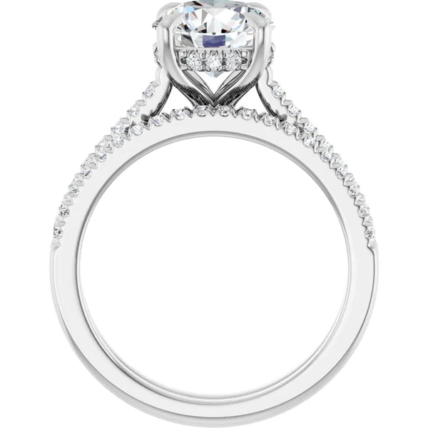 14K Gold Round Cut Solitaire Diamond Hidden Halo Engagement Ring with Matching Pavé Band