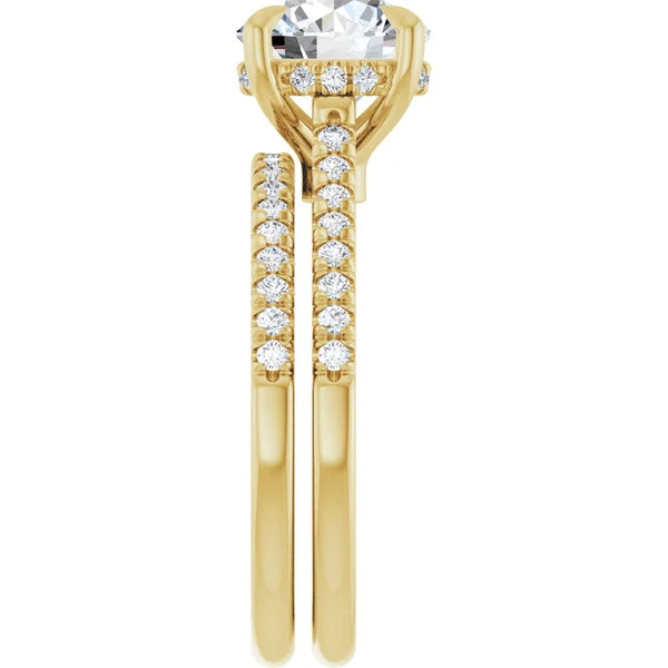 14K Gold Round Cut Solitaire Diamond Hidden Halo Engagement Ring with Matching Pavé Band