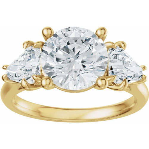 14K Gold Three Stone Round and Trillion Cut Diamond Engagement Ring Set