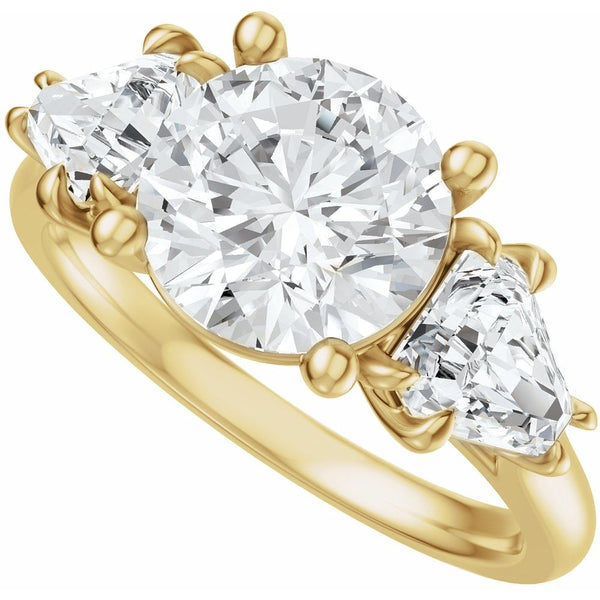 14K Gold Three Stone Round and Trillion Cut Diamond Engagement Ring Set
