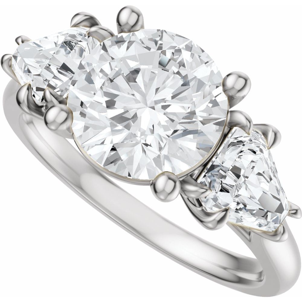 14K Gold Three Stone Round and Trillion Cut Diamond Engagement Ring Set