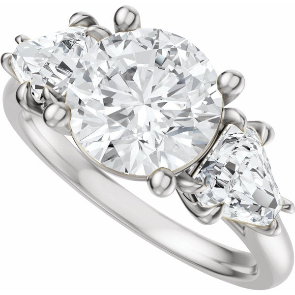 14K Gold Three Stone Round and Trillion Cut Diamond Engagement Ring Set