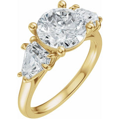 14K Gold Three Stone Round and Trillion Cut Diamond Engagement Ring Set