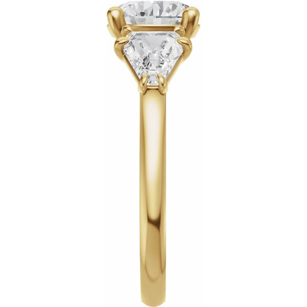 14K Gold Three Stone Round and Trillion Cut Diamond Engagement Ring Set