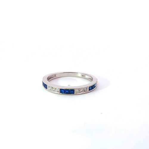 14K White Gold Blue Sapphire & Diamond Band Ring
