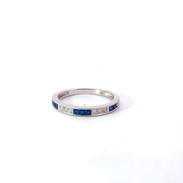 14K White Gold Blue Sapphire & Diamond Band Ring