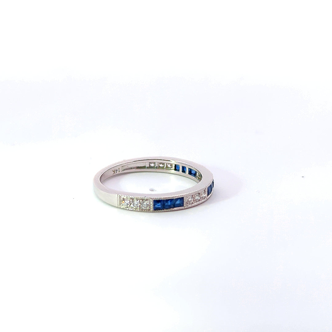 14K White Gold Blue Sapphire & Diamond Band Ring
