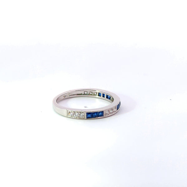 14K White Gold Blue Sapphire & Diamond Band Ring
