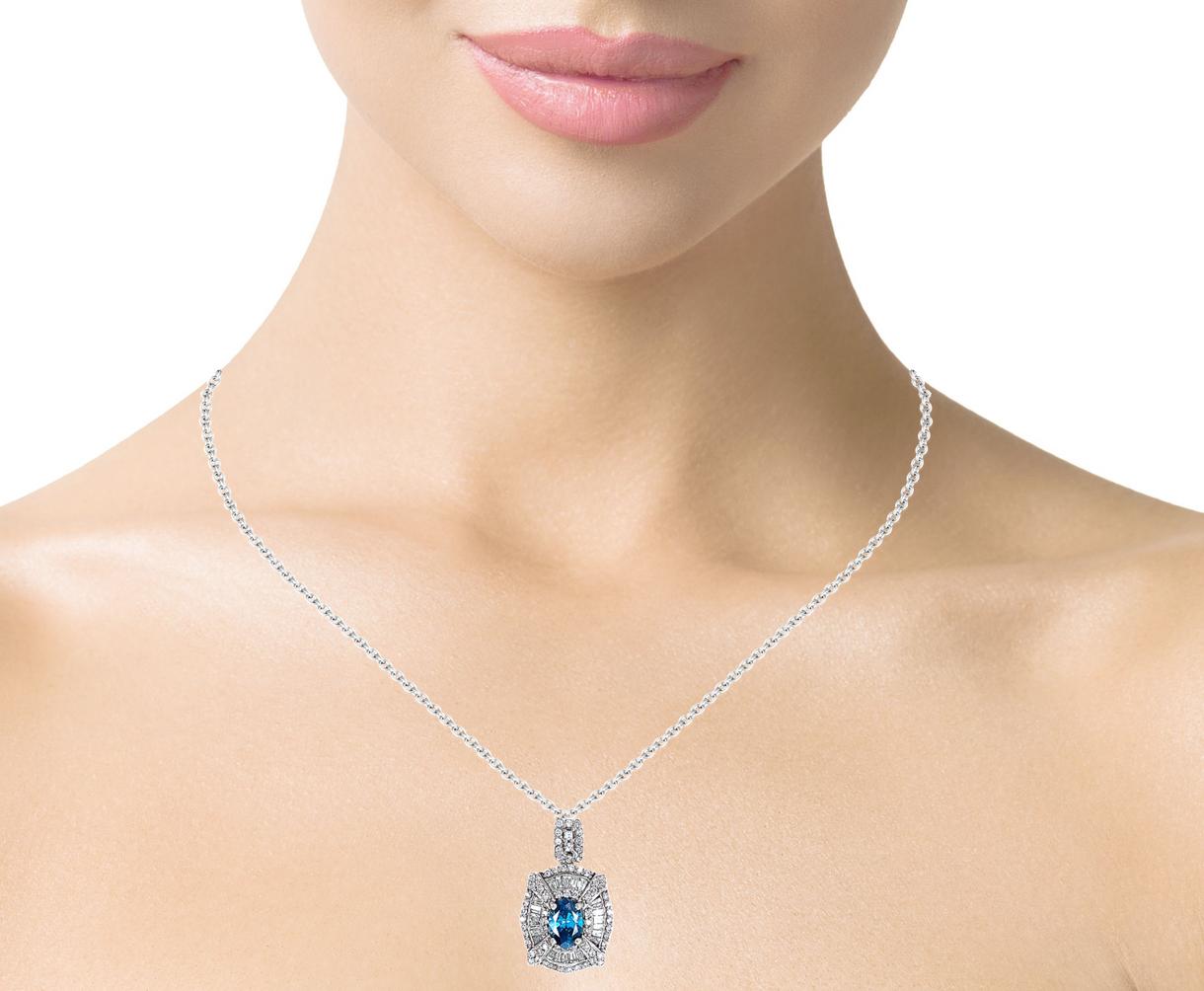 14K White Gold Blue Sapphire & Diamond Flower Pendant