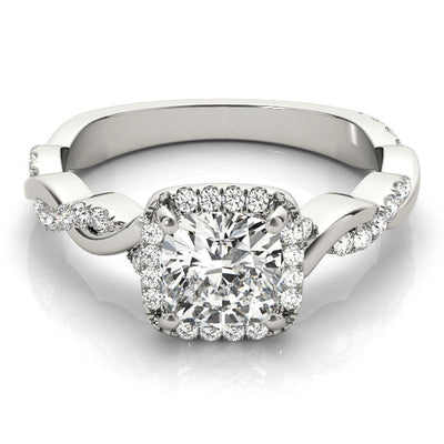 14K White Gold Cushion Cut Diamond Halo Engagement Ring with Twisted Band