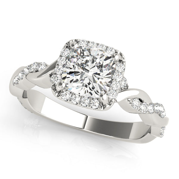 14K White Gold Cushion Cut Diamond Halo Engagement Ring with Twisted Band