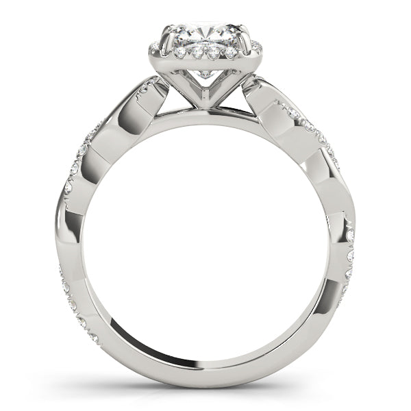 14K White Gold Cushion Cut Diamond Halo Engagement Ring with Twisted Band