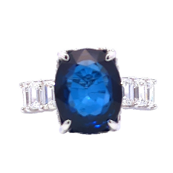 14K White Gold Diamond & Blue Sapphire Emerald-Cut Ring (0.30 ct + 6.32 ct)