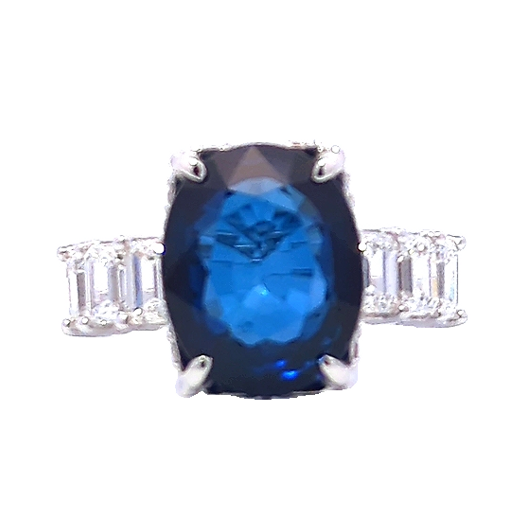 14K White Gold Diamond & Blue Sapphire Emerald-Cut Ring (0.30 ct + 6.32 ct)