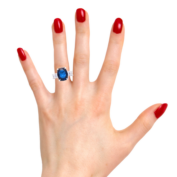 14K White Gold Diamond & Blue Sapphire Emerald-Cut Ring (0.30 ct + 6.32 ct)