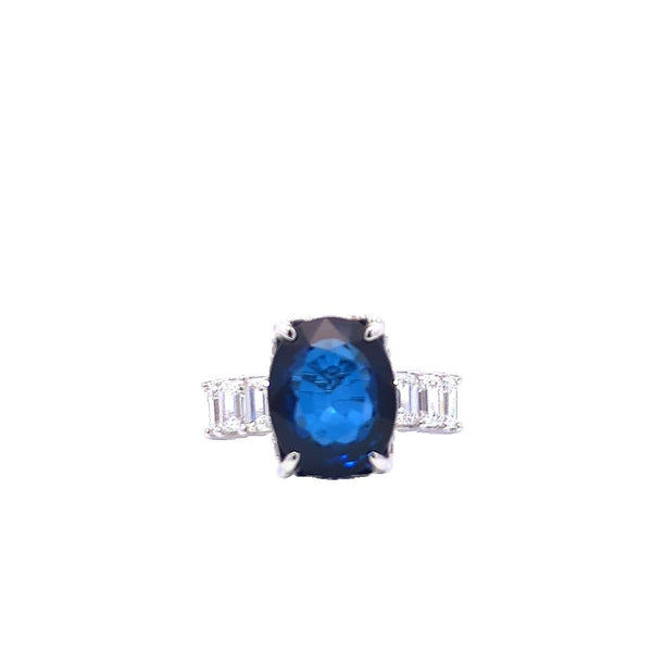 14K White Gold Diamond & Blue Sapphire Emerald-Cut Ring (0.30 ct + 6.32 ct)