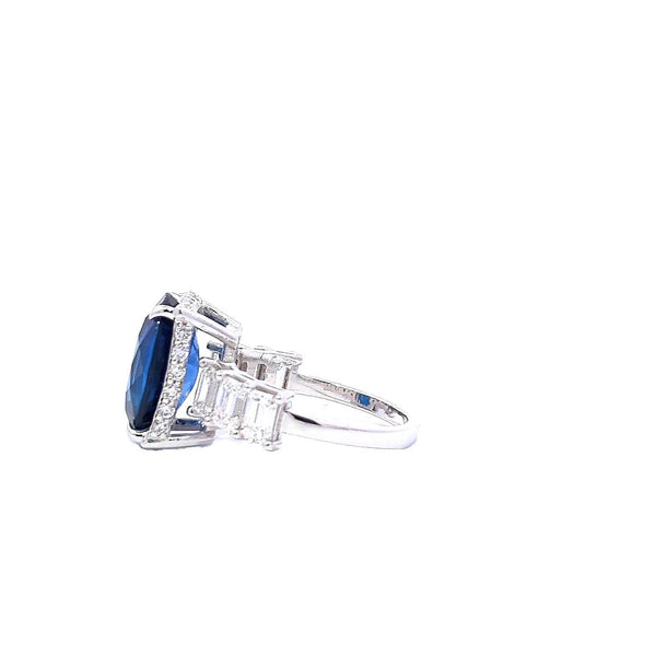 14K White Gold Diamond & Blue Sapphire Emerald-Cut Ring (0.30 ct + 6.32 ct)
