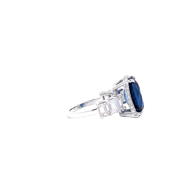 14K White Gold Diamond & Blue Sapphire Emerald-Cut Ring (0.30 ct + 6.32 ct)