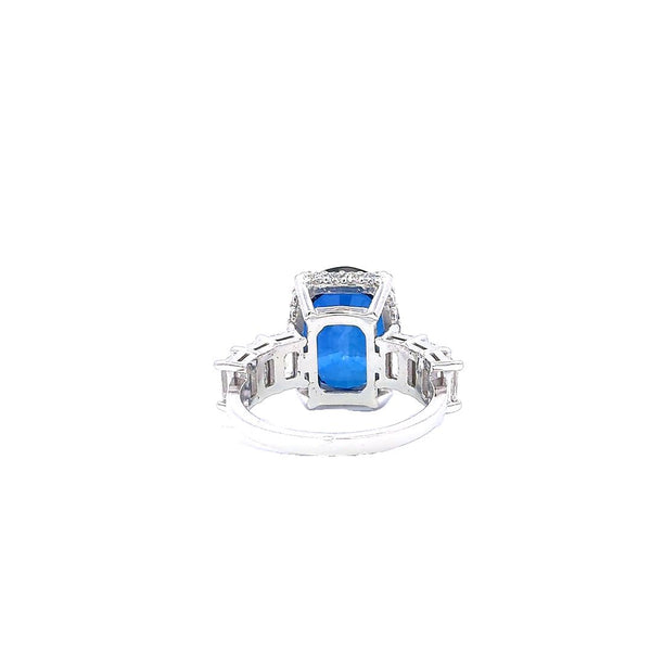 14K White Gold Diamond & Blue Sapphire Emerald-Cut Ring (0.30 ct + 6.32 ct)