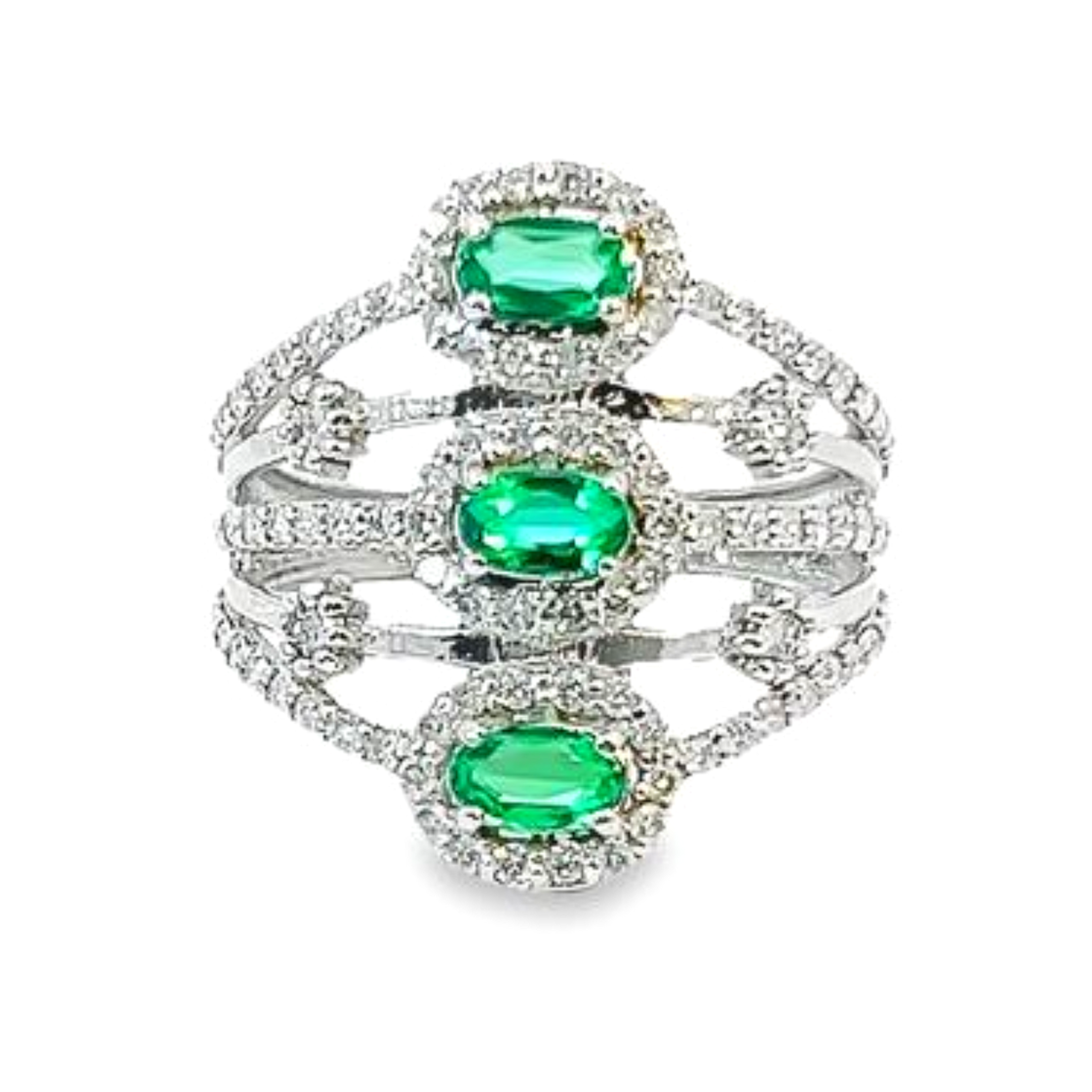 14K White Gold Diamond & Emerald Round/Oval Ring (0.87 ct + 2.50 ct)