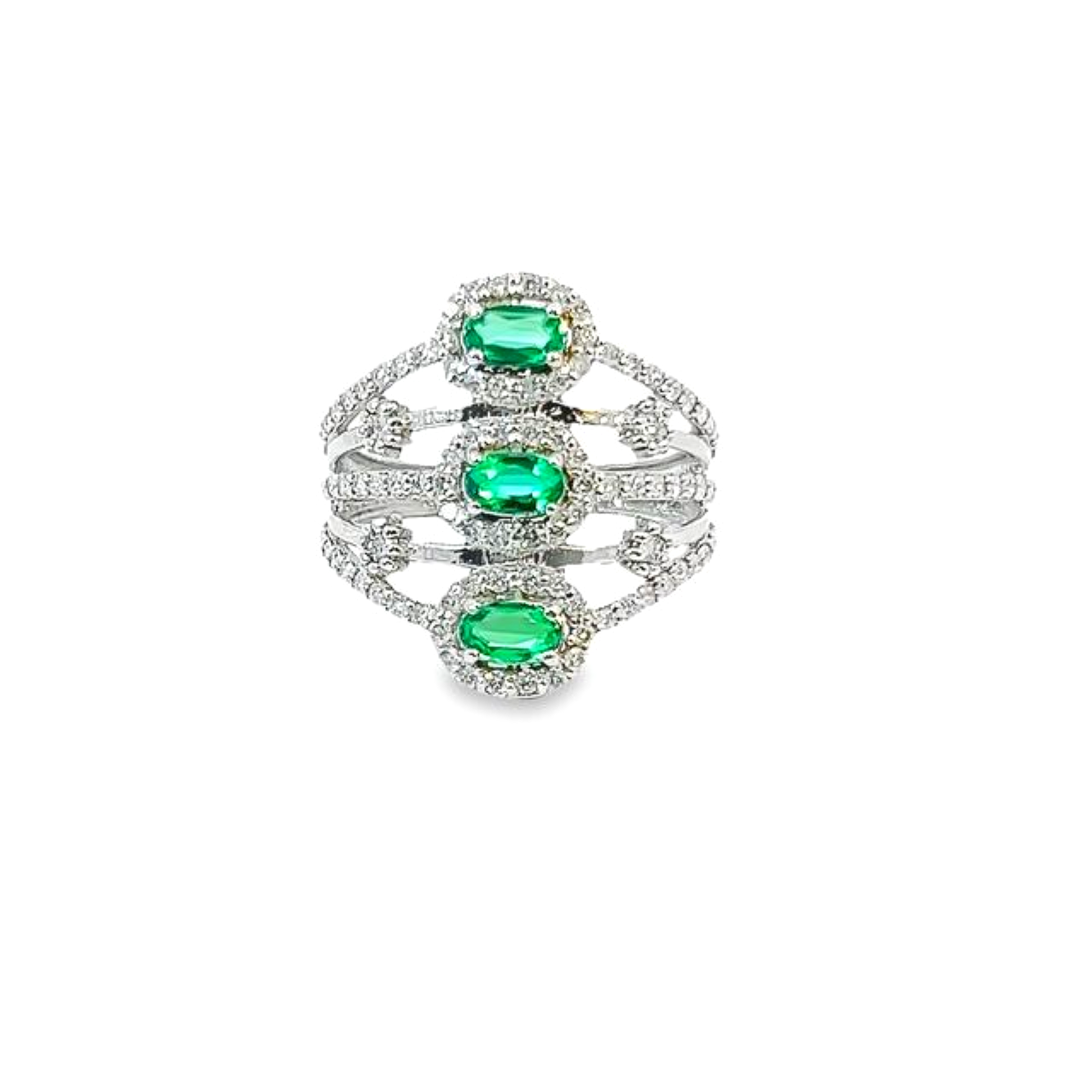 14K White Gold Diamond & Emerald Round/Oval Ring (0.87 ct + 2.50 ct)
