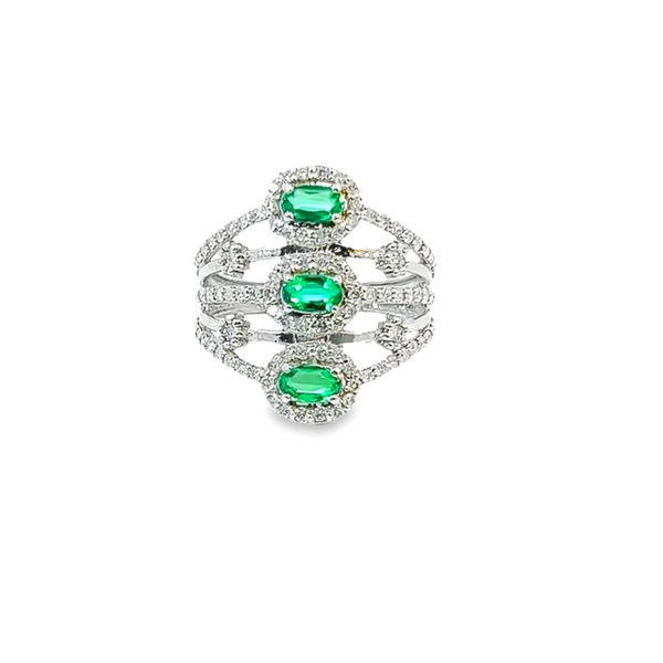 14K White Gold Diamond & Emerald Round/Oval Ring (0.87 ct + 2.50 ct)