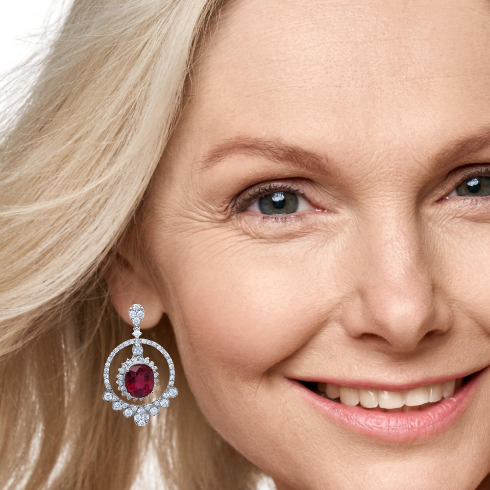 14K White Gold Diamond Round Cut Dangling Earring with Ruby 4.49c