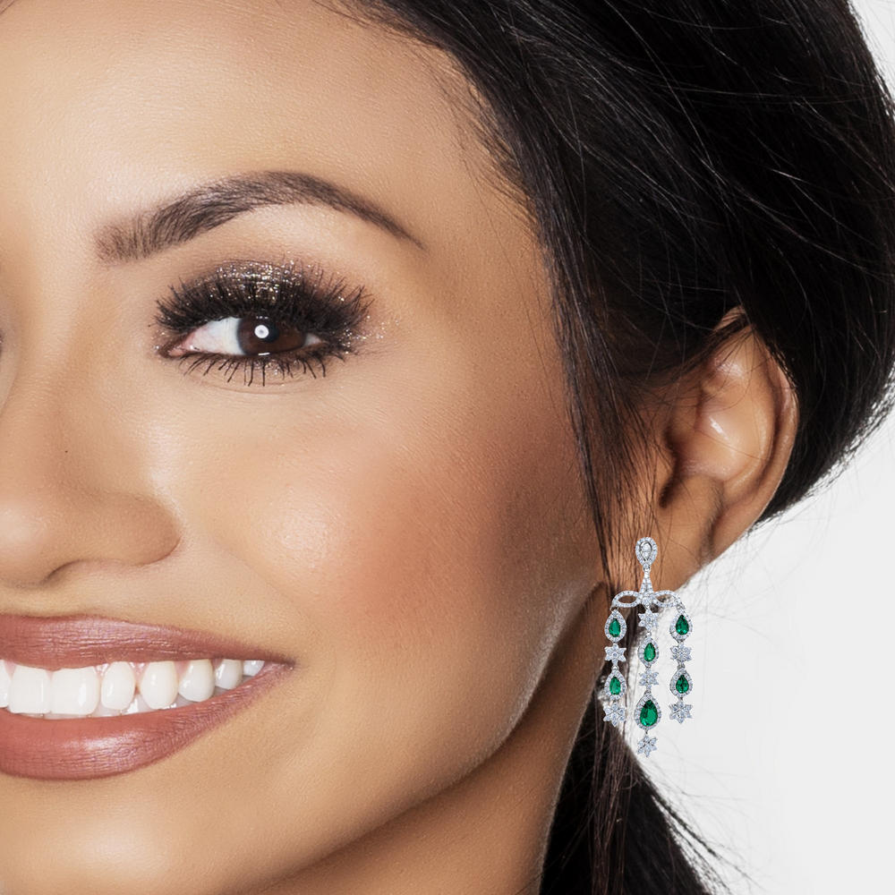 14K White Gold Diamond and Emerald Pear Cut Teardrop Earring (4.54 ct)