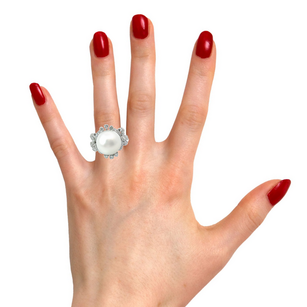 14K White Gold Diamond and Round Fresh Water Pearl Engagement Ring – 2.50ct