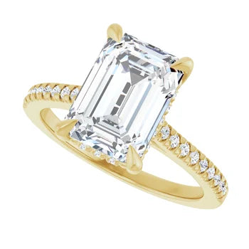 14K White Gold Emerald-Cut Solitaire Diamond Pavé Engagement Ring with Hidden Halo