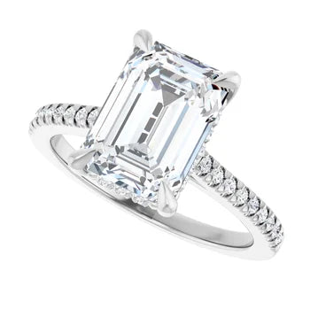 14K White Gold Emerald-Cut Solitaire Diamond Pavé Engagement Ring with Hidden Halo