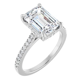 14K White Gold Emerald-Cut Solitaire Diamond Pavé Engagement Ring with Hidden Halo