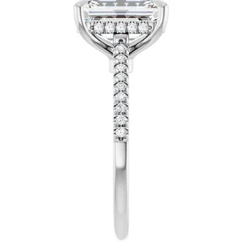 14K White Gold Emerald-Cut Solitaire Diamond Pavé Engagement Ring with Hidden Halo