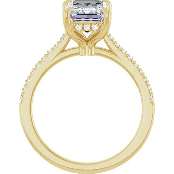 14K White Gold Emerald-Cut Solitaire Diamond Pavé Engagement Ring with Hidden Halo
