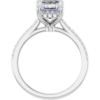 14K White Gold Emerald-Cut Solitaire Diamond Pavé Engagement Ring with Hidden Halo
